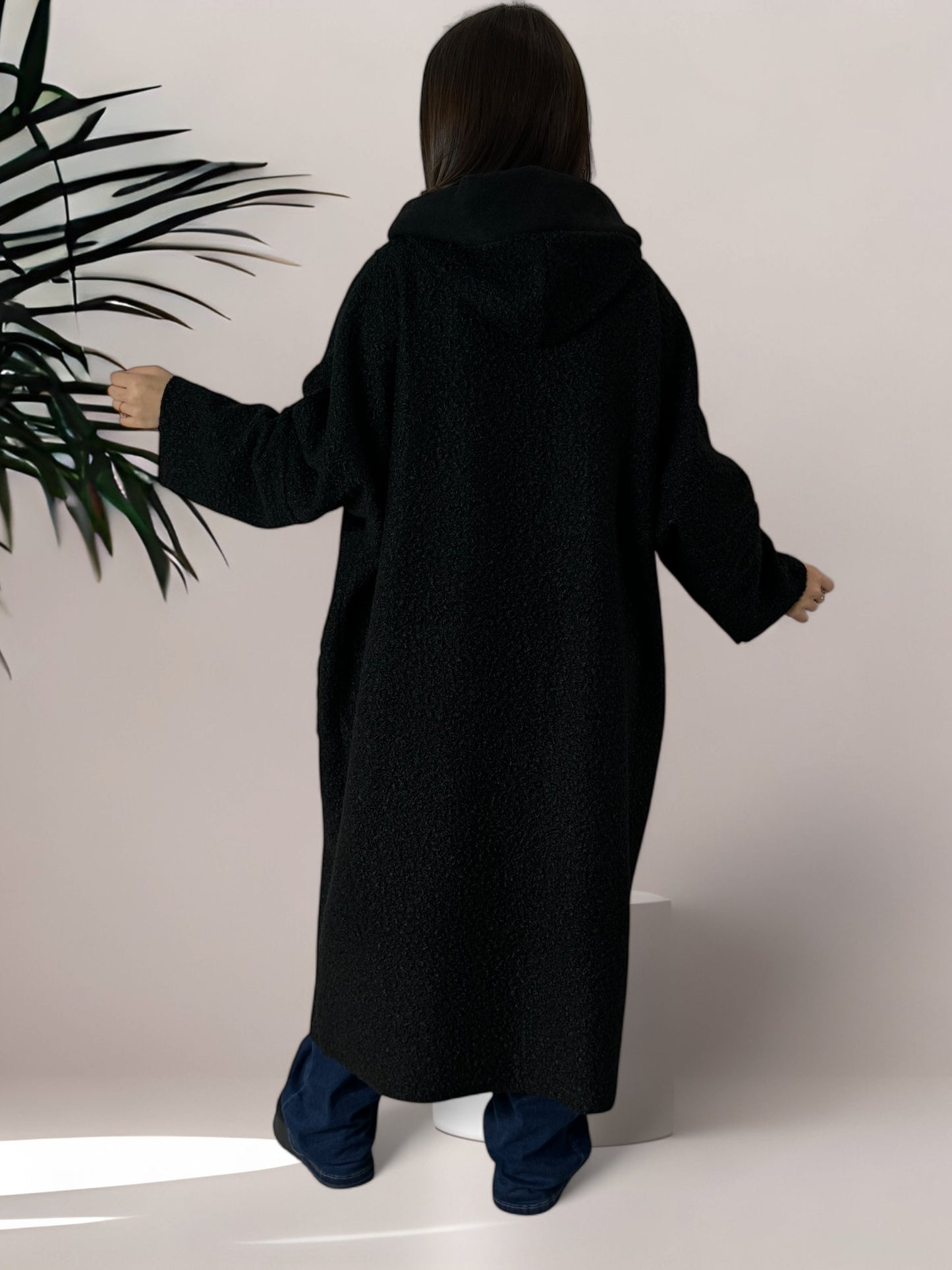 ORLANDO - LONG MANTEAU OVERSIZE NOIR AVEC CAPUCHE JUSQU'A LA TAILLE 54