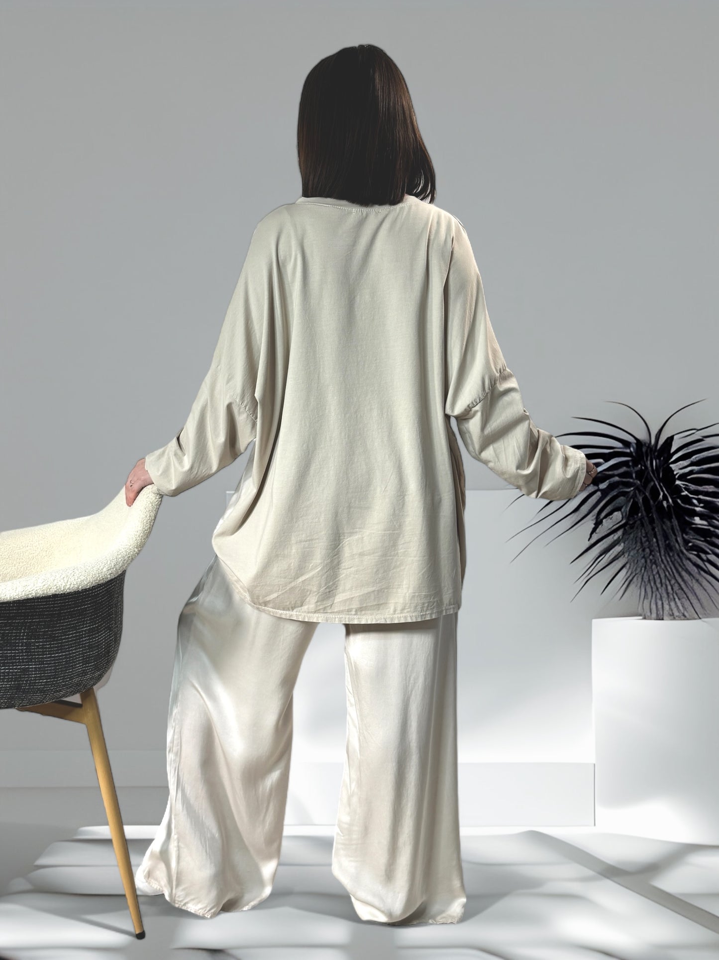 SIENNA - ENSEMBLE TUNIQUE ET PANTALON  FLUIDE BLANC CASSE OVERSIZE JUSQU'A LA TAILLE 46