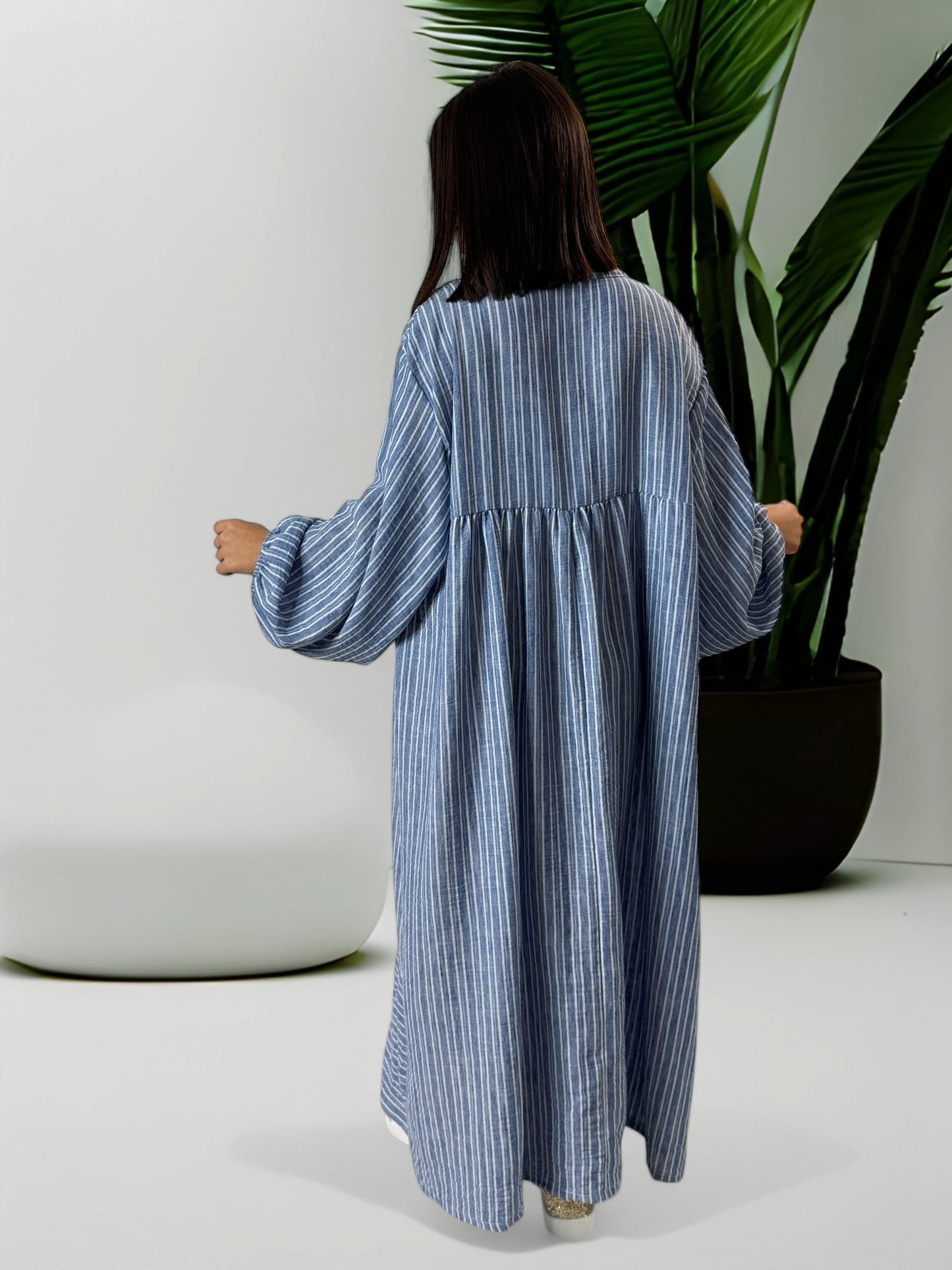 LILIBELLE - ROBE  OVERSIZE A RAYURE BLEU JEAN EN COTON ET LIN JUSQU'A LA TAILLE 56