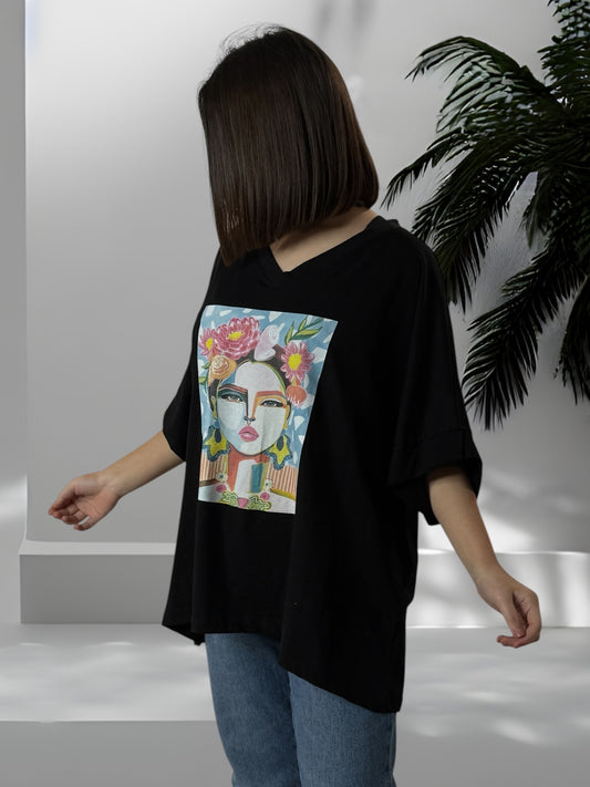 LUIZ - T-SHIRT FRIDA KAHLO NOIR EN COTON OVERSIZE JUSQU'A LA TAILLE 54