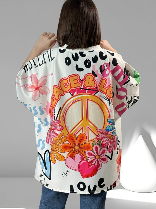 GLORIA - T-SHIRT OVERSIZE MOTIF PEACE & LOVE JUSQU'A LA TAILLE 56