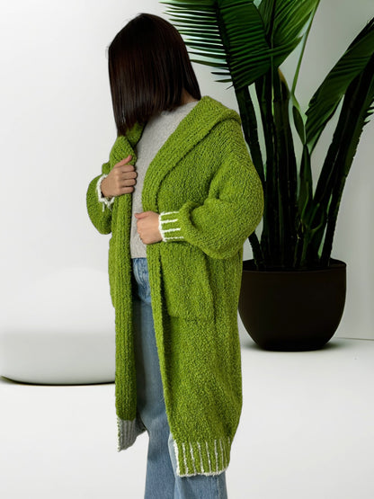 REGINA - LONG GILET OVERSIZE VERT A CAPUCHE JUSQU'A LA TAILLE 52