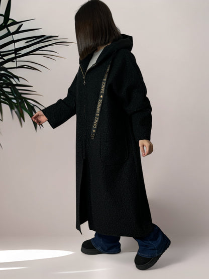 ORLANDO - LONG MANTEAU OVERSIZE NOIR AVEC CAPUCHE JUSQU'A LA TAILLE 54