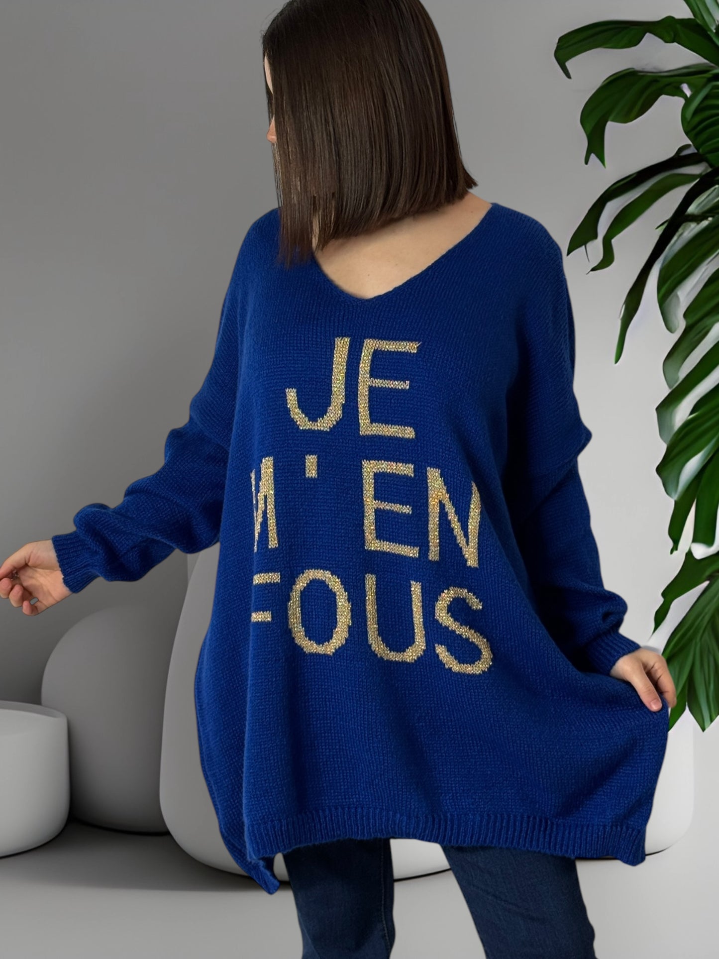 JE M'EN FOUS - PULL OVERSIZE BLEU JUSQU'A LA TAILLE 56