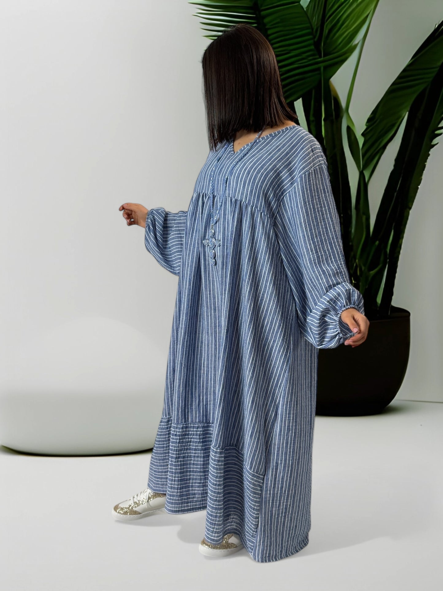 LILIBELLE - ROBE  OVERSIZE A RAYURE BLEU JEAN EN COTON ET LIN JUSQU'A LA TAILLE 56