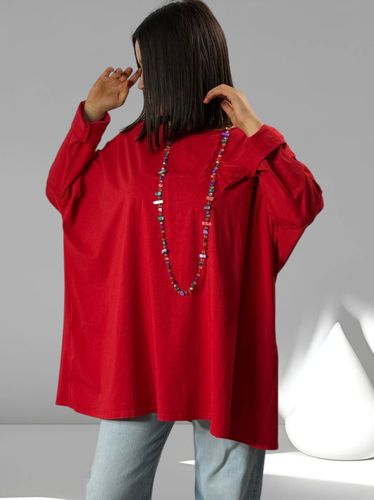 DELICE - T-SHIRT ROUGE EN COTON OVERSIZE JUSQU'A LA TAILLE 52/54