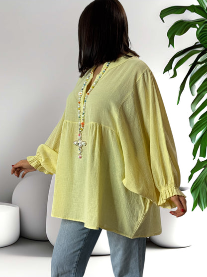 FOLIE - BLOUSE JAUNE OVERSIZE EN COTON JUSQU'A LA TAILLE 52