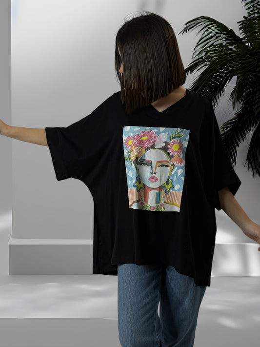 LUIZ - T-SHIRT FRIDA KAHLO NOIR EN COTON OVERSIZE JUSQU'A LA TAILLE 54