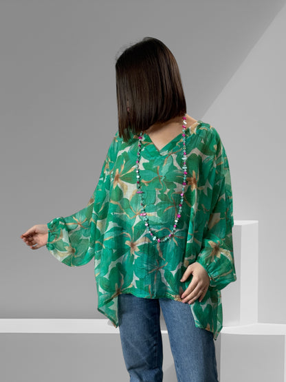 ELISA - BLOUSE FLEURIE VERTE OVERSIZE  JUSQU'A LA TAILLE 56