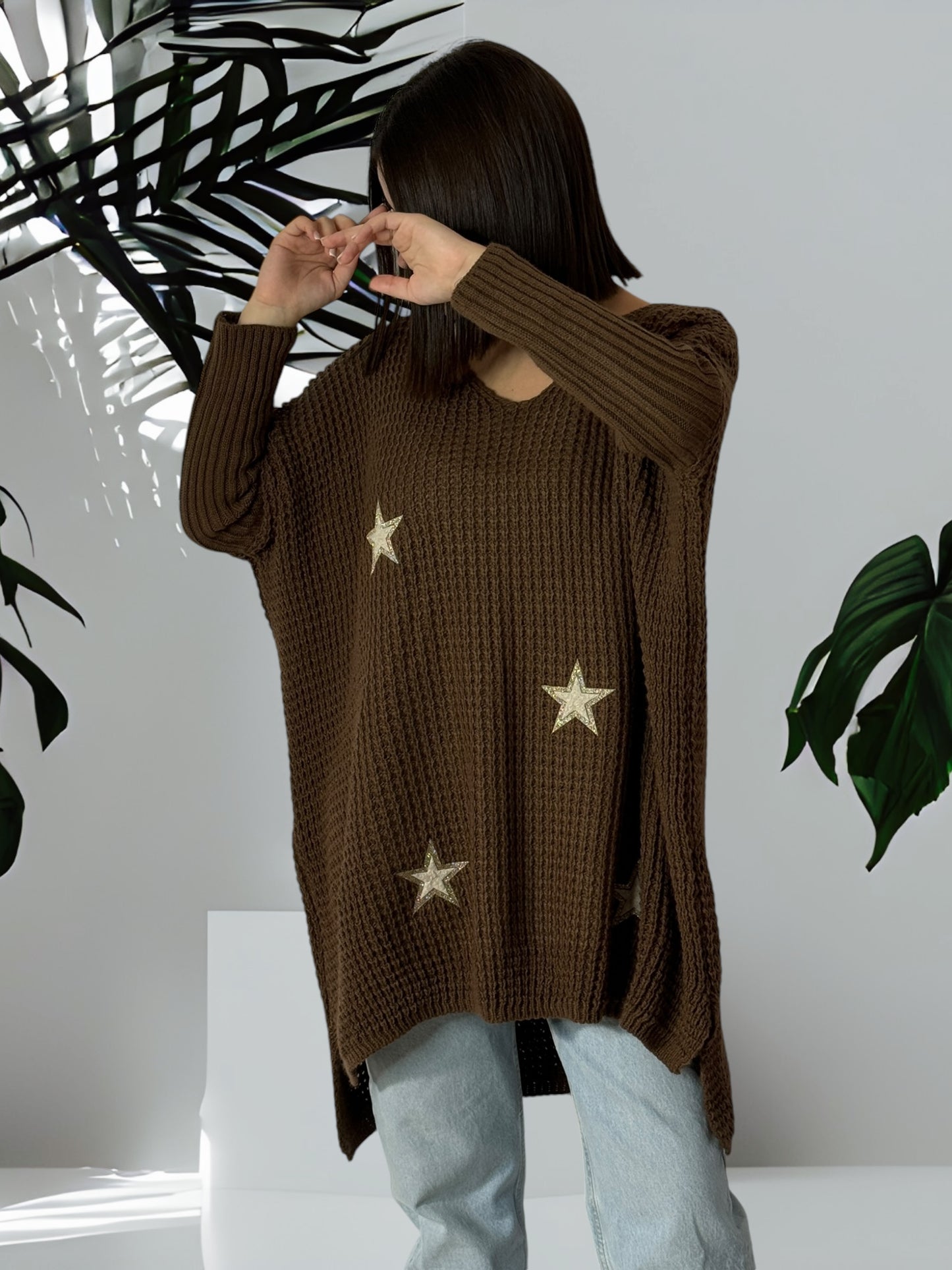 ANGY - PULL OVERSIZE MARRON JUSQU'A LA TAILLE 54