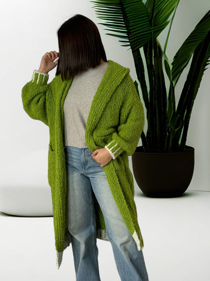 REGINA - LONG GILET OVERSIZE VERT A CAPUCHE JUSQU'A LA TAILLE 52