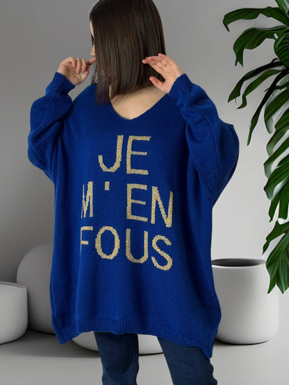 JE M'EN FOUS - PULL OVERSIZE BLEU JUSQU'A LA TAILLE 56