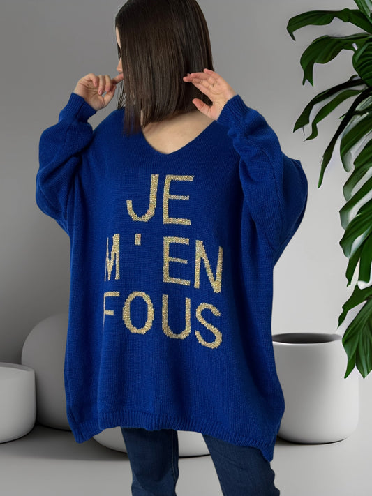 JE M'EN FOUS - PULL OVERSIZE BLEU JUSQU'A LA TAILLE 56