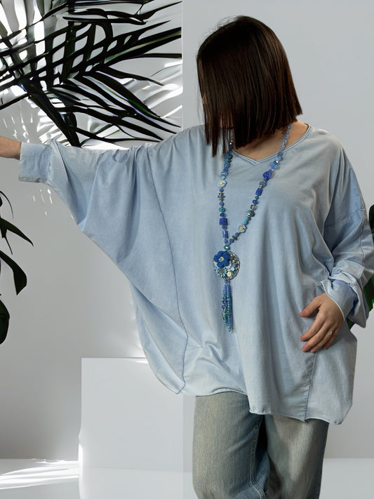 MARINO - T-SHIRT BLEU CIEL EN COTON OVERSIZE JUSQU'A LA TAILLE 56