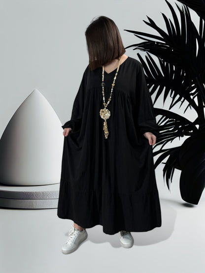 TIPHAINE - ROBE  OVERSIZE NOIRE EN COTON JUSQU'A LA TAILLE 56