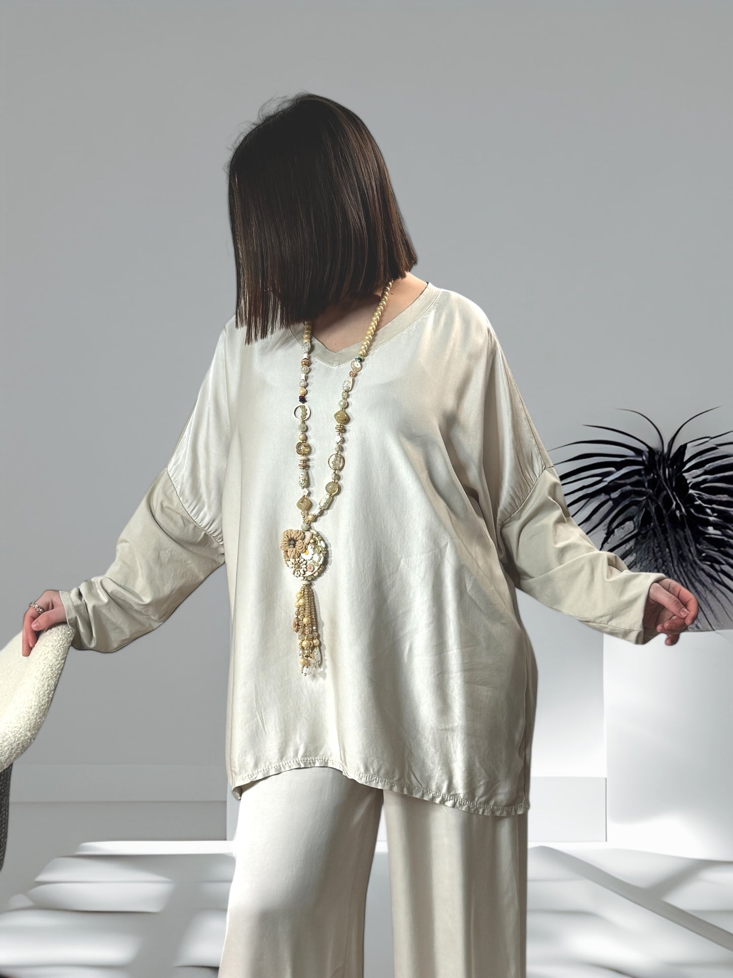 SIENNA - ENSEMBLE TUNIQUE ET PANTALON  FLUIDE BLANC CASSE OVERSIZE JUSQU'A LA TAILLE 46