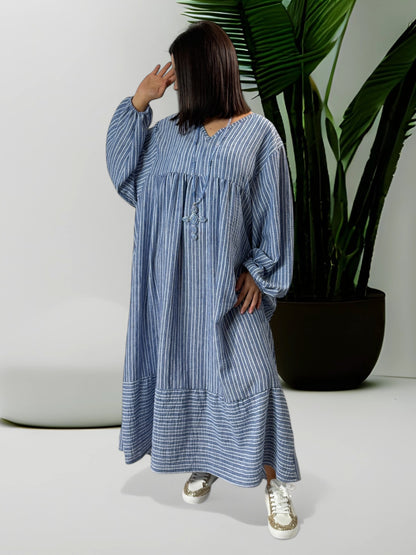 LILIBELLE - ROBE  OVERSIZE A RAYURE BLEU JEAN EN COTON ET LIN JUSQU'A LA TAILLE 56