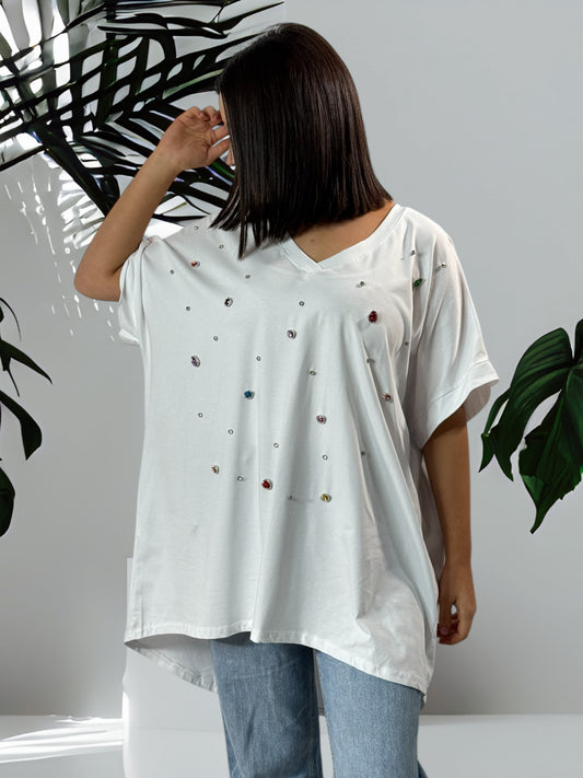 MASSIMO - T-SHIRT BLANC EN COTON AVEC STRASS JUSQU'A LA TAILLE 52/54