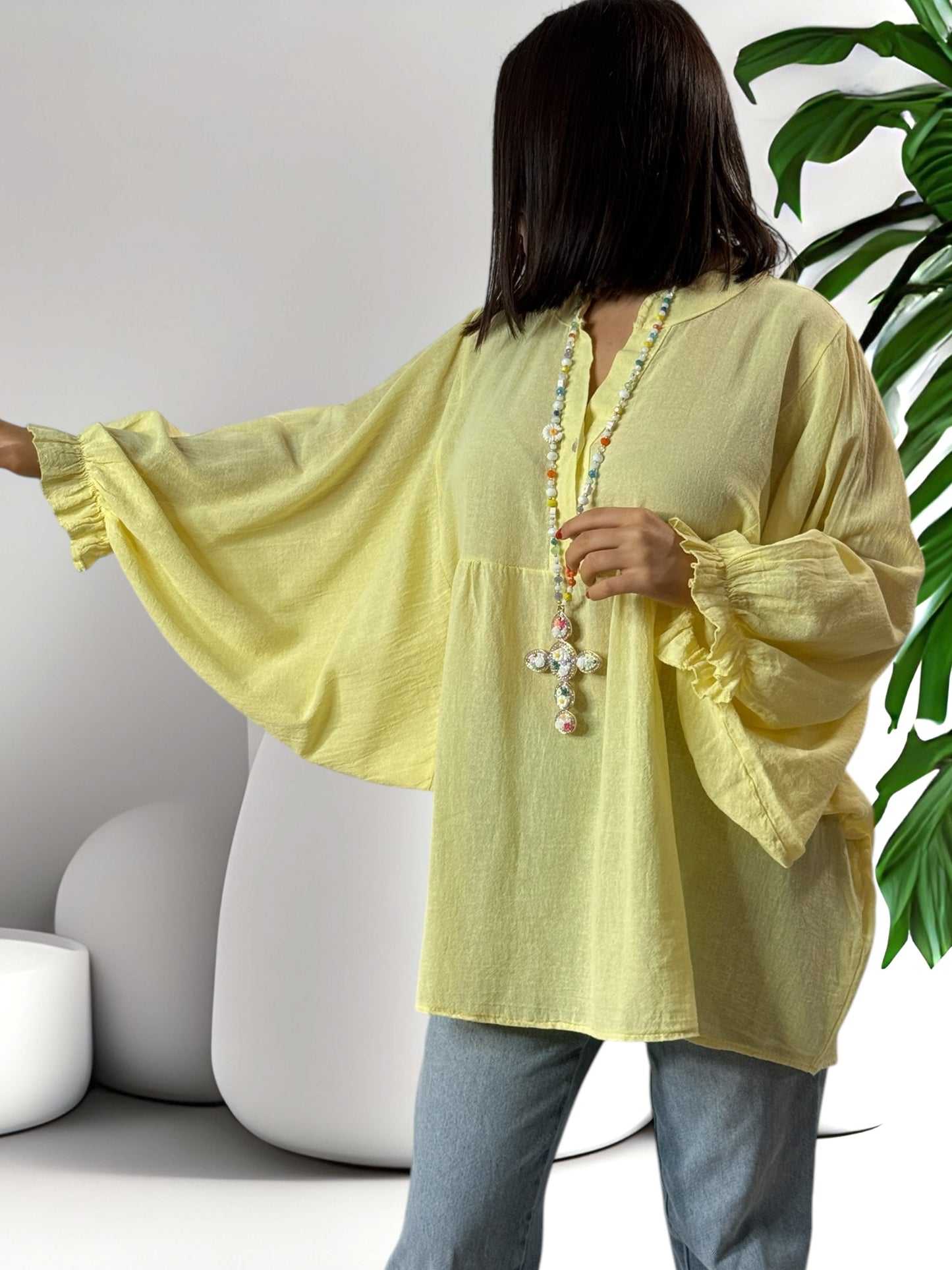 FOLIE - BLOUSE JAUNE OVERSIZE EN COTON JUSQU'A LA TAILLE 52