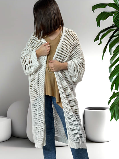 FABIOLA - LONG GILET EN RESILLE BLANC JUSQU'A LA TAILLE 50/52