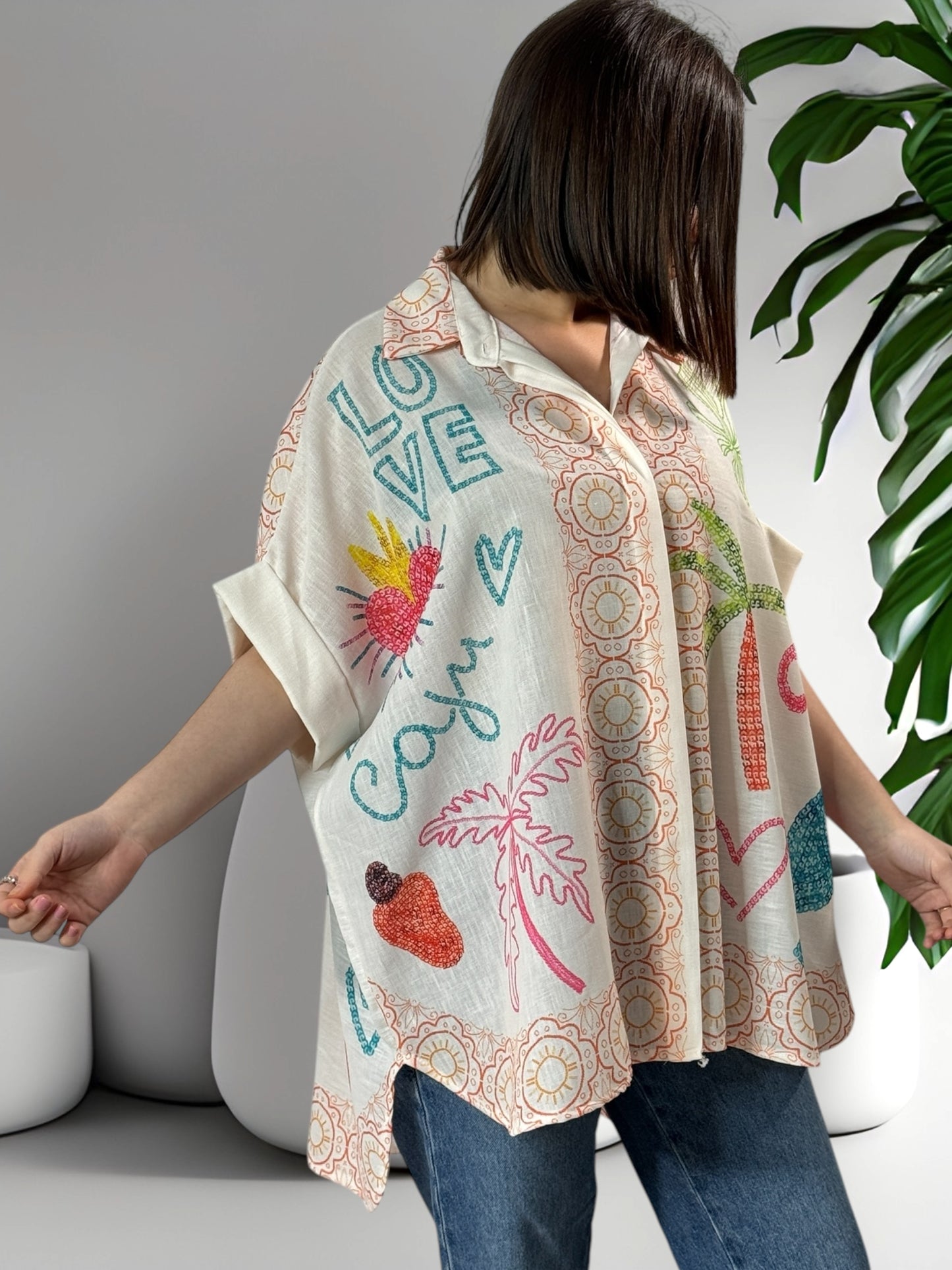 NATHY - CHEMISE OVERSIZE MOTIF TROPICAL JUSQU'A LA TAILLE 56