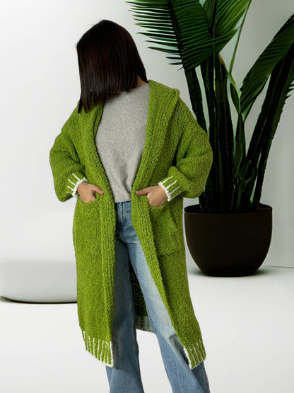 REGINA - LONG GILET OVERSIZE VERT A CAPUCHE JUSQU'A LA TAILLE 52