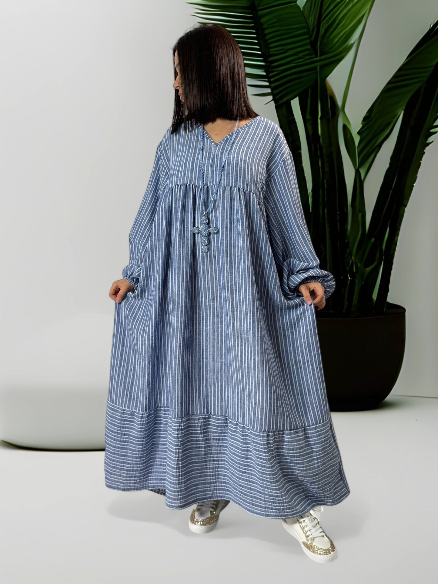 LILIBELLE - ROBE  OVERSIZE A RAYURE BLEU JEAN EN COTON ET LIN JUSQU'A LA TAILLE 56