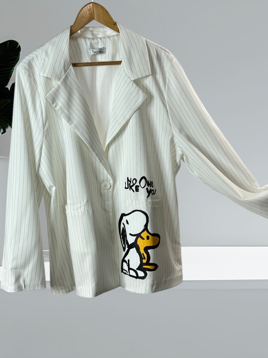 LUCIANO - BLAZER BLANC FINES RAYURES MOTIF SNOOPY JUSQU'A LA TAILLE 50/52