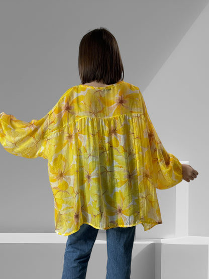 ELISA - BLOUSE FLEURIE JAUNE OVERSIZE JUSQU'A LA TAILLE 56