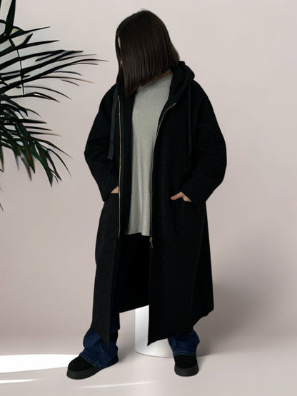 ORLANDO - LONG MANTEAU OVERSIZE NOIR AVEC CAPUCHE JUSQU'A LA TAILLE 54