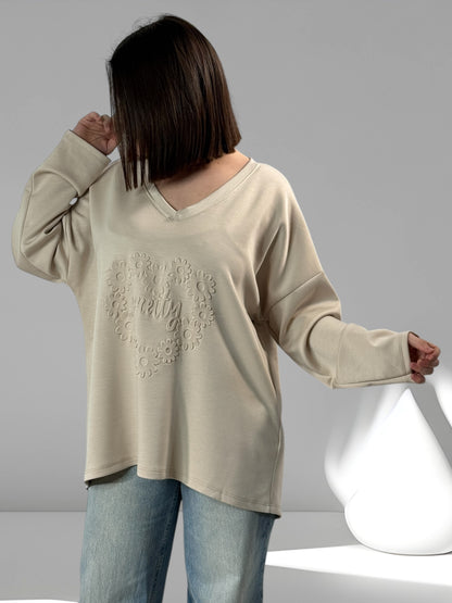 PRETTY - SWEAT BEIGE AVEC IMPRESSION JUSQU'A LA TAILLE 48