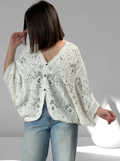 TILINA - GILET EN BLANC EN MACRAME JUSQU'A LA TAILLE 50