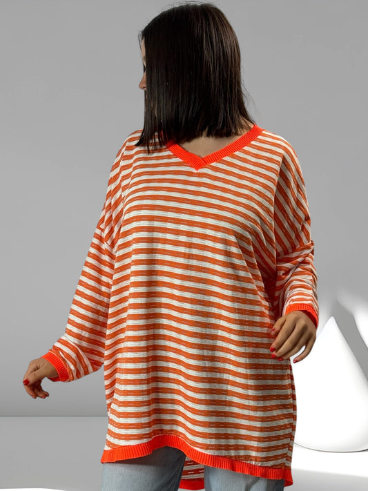 LUCINDA - MARINIERE OVERSIZE RAYURE ORANGE JUSQU'A LA TAILLE 52/54