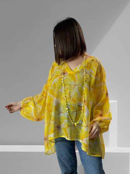 ELISA - BLOUSE FLEURIE JAUNE OVERSIZE JUSQU'A LA TAILLE 56