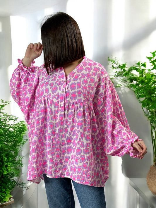 LAURA - BLOUSE OVERSIZE LEOPARD EN COULEUR EN COTON JUSQU'A LA TAILLE 54