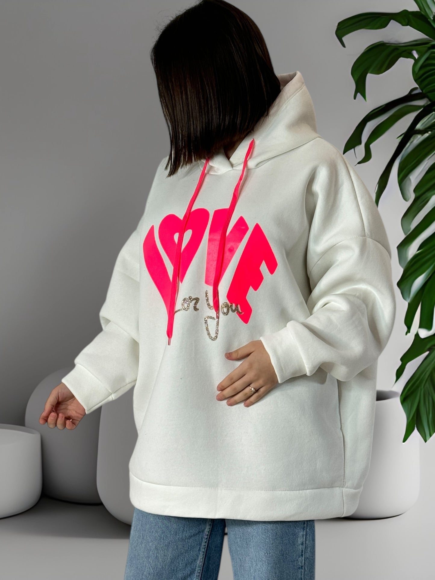 LOVE FOR YOU - SWEAT A CAPUCHE OVERSIZE BLANC JUSQU'A LA TAILLE 56