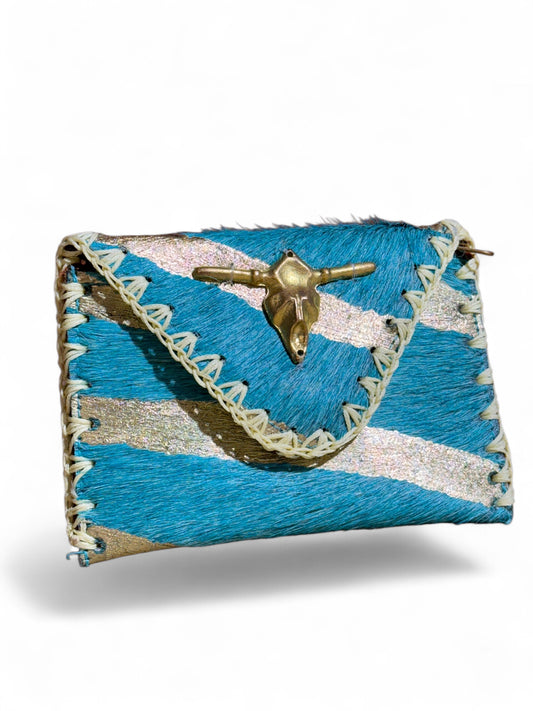 PORTE MONNAIE EN CUIR TURQUOISE TETE DE BUFFLE