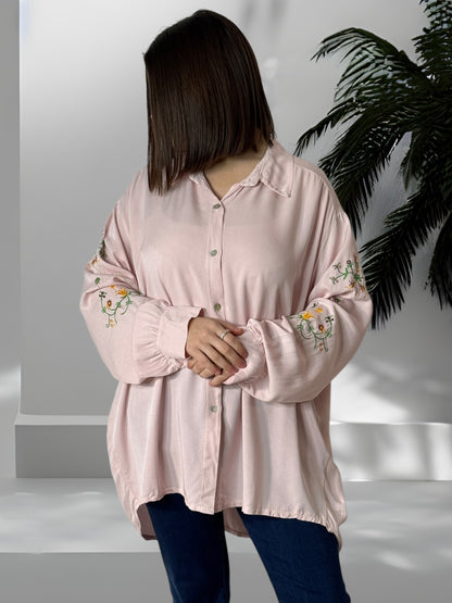 GRAZIELLA - CHEMISE OVERSIZE ROSE MANCHES BRODEES JUSQU'A LA TAILLE 54