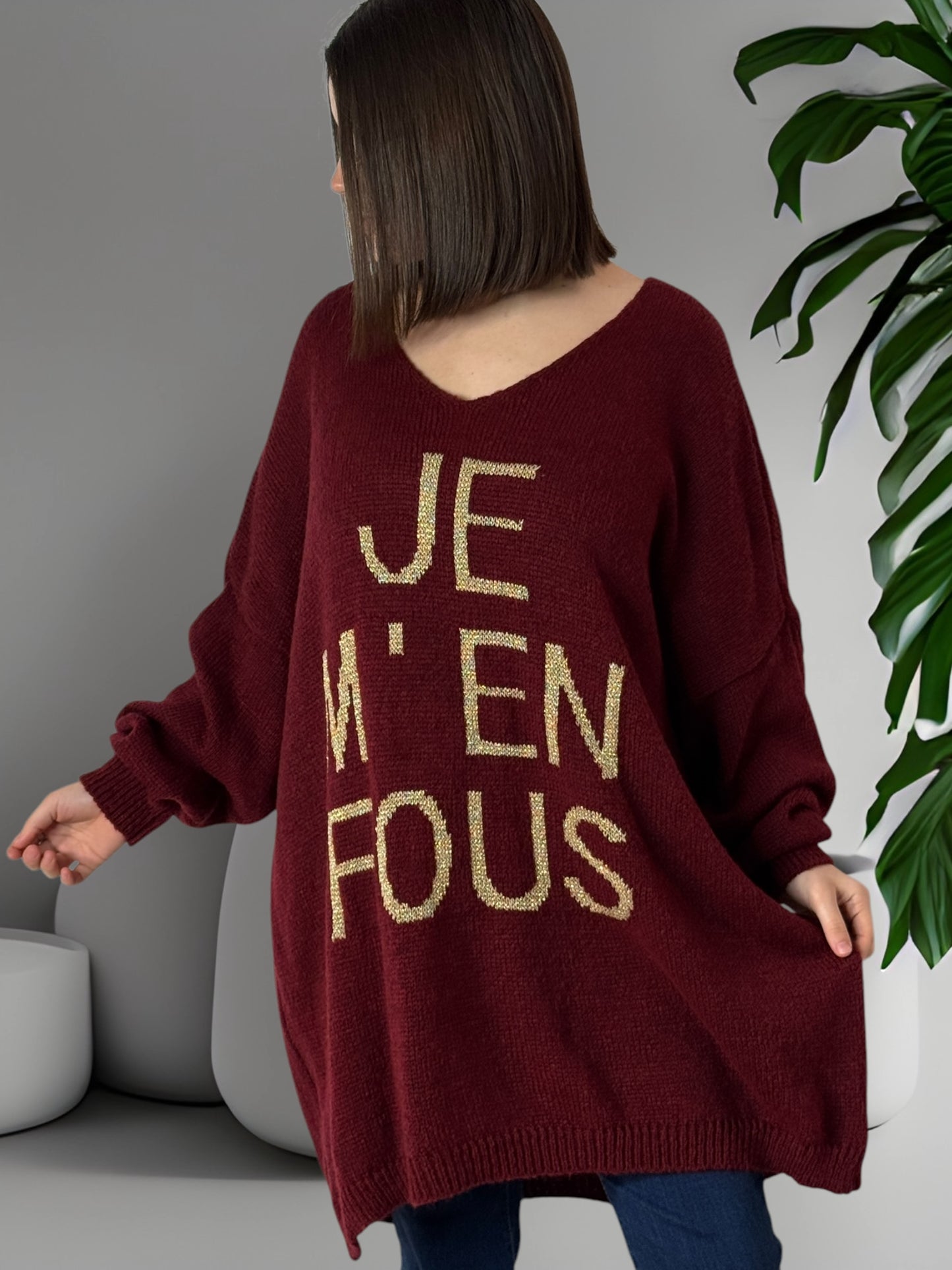 JE M'EN FOUS - PULL OVERSIZE BORDEAUX JUSQU'A LA TAILLE 56