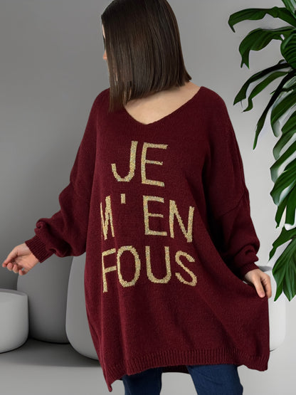 JE M'EN FOUS - PULL OVERSIZE BORDEAUX JUSQU'A LA TAILLE 56