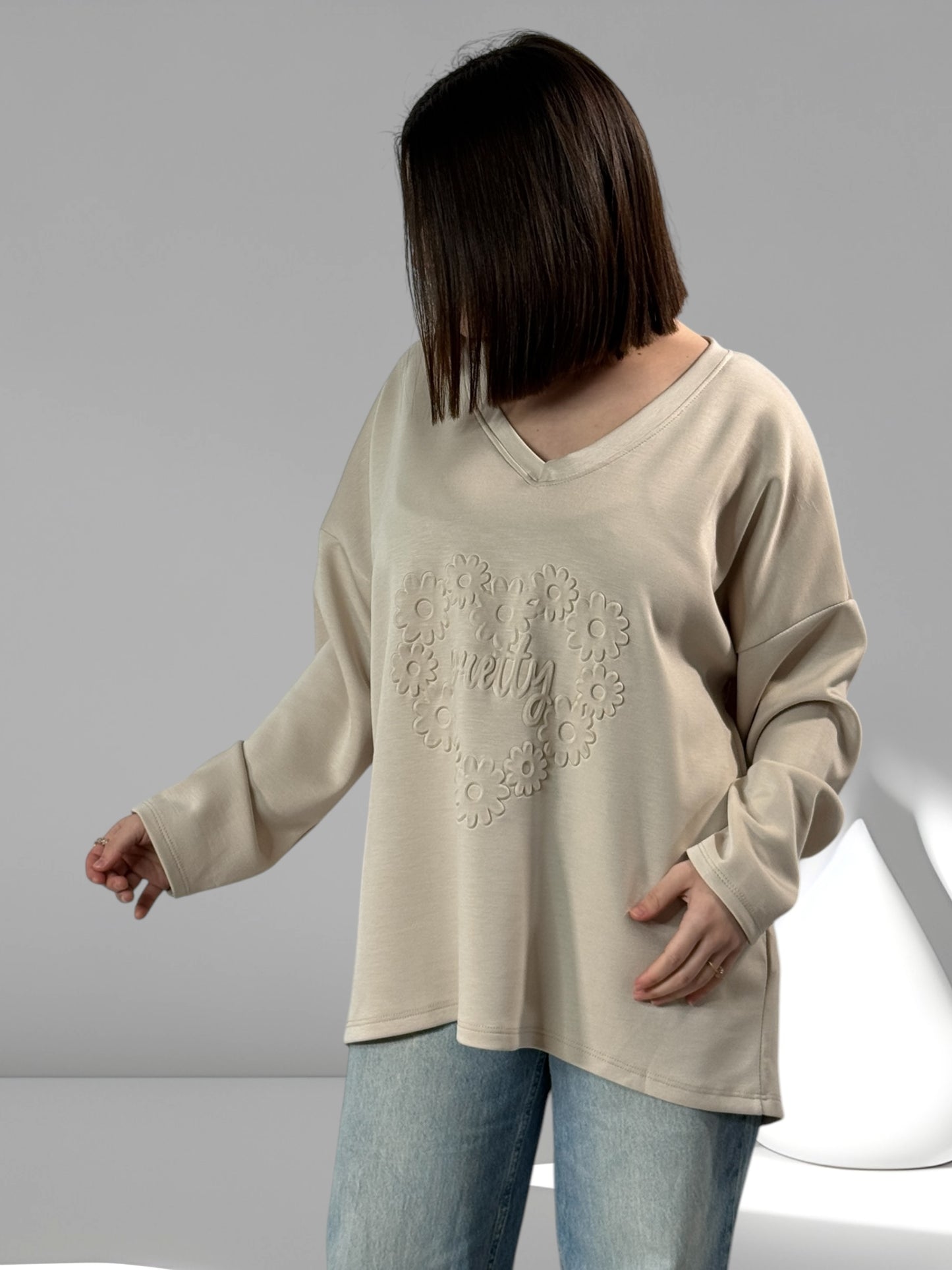 PRETTY - SWEAT BEIGE AVEC IMPRESSION JUSQU'A LA TAILLE 48