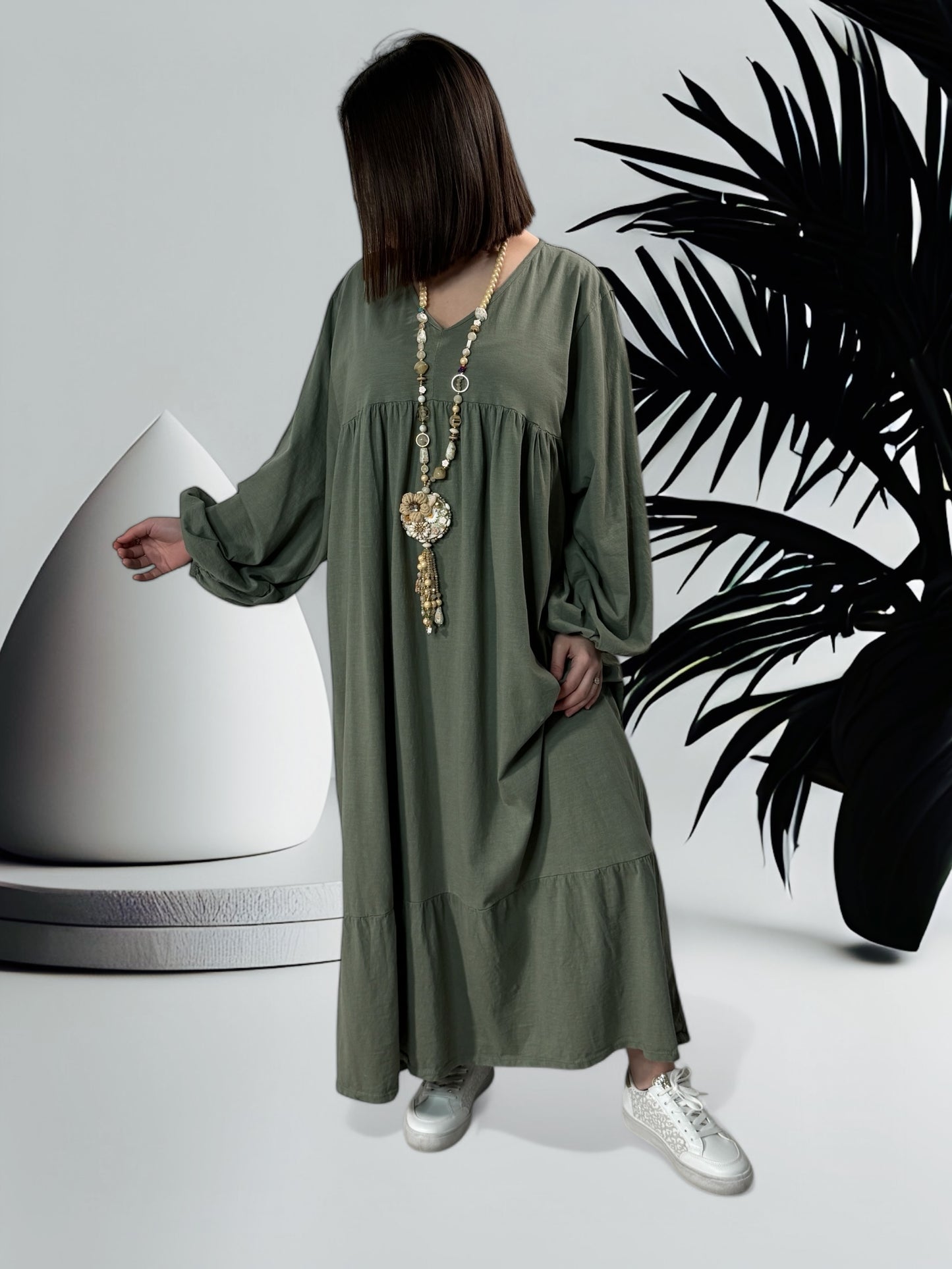 TIPHAINE - ROBE  OVERSIZE KAKI EN COTON JUSQU'A LA TAILLE 56