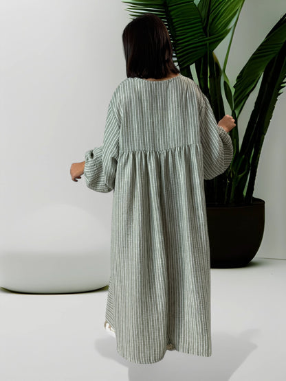 LILIBELLE - ROBE  OVERSIZE A RAYURE KAKI EN COTON ET LIN JUSQU'A LA TAILLE 56