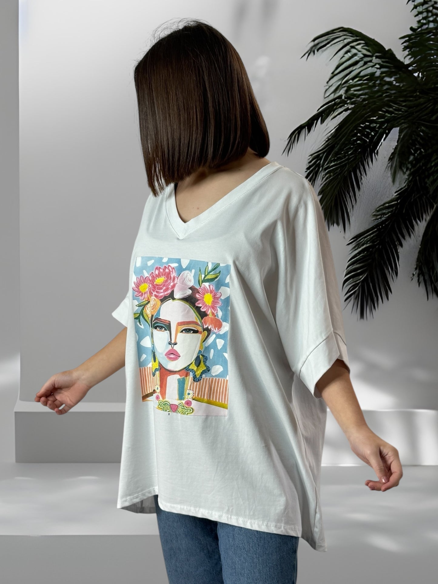 LUIZ - T-SHIRT FRIDA KAHLO BLANC EN COTON OVERSIZE JUSQU'A LA TAILLE 54