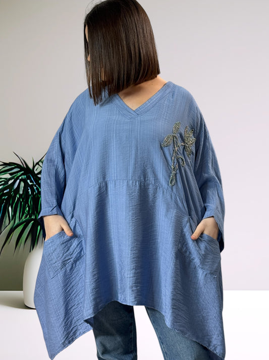 MORGANE - TUNIQUE OVERSIZE BLEUE JUSQU'A LA TAILLE 58/60