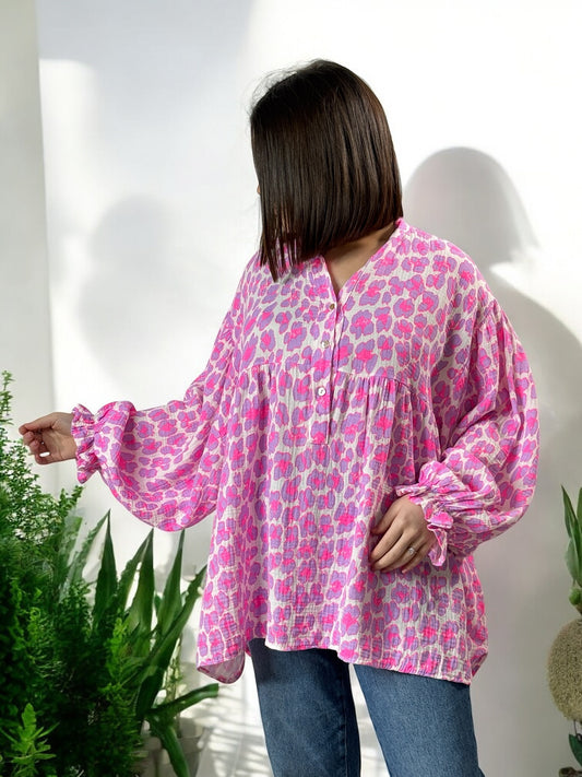 LAURA - BLOUSE OVERSIZE LEOPARD EN COULEUR EN COTON JUSQU'A LA TAILLE 54