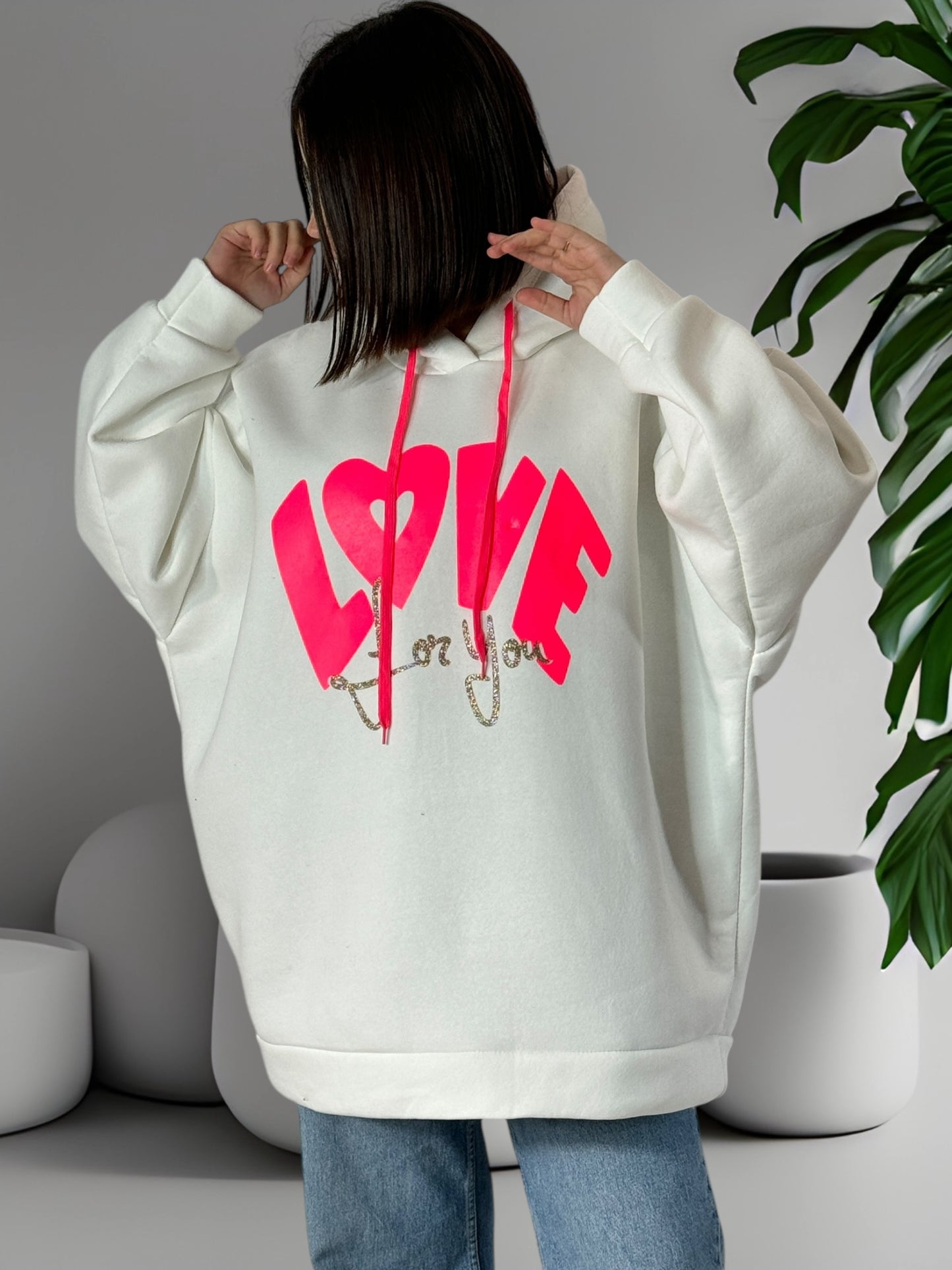 LOVE FOR YOU - SWEAT A CAPUCHE OVERSIZE BLANC JUSQU'A LA TAILLE 56