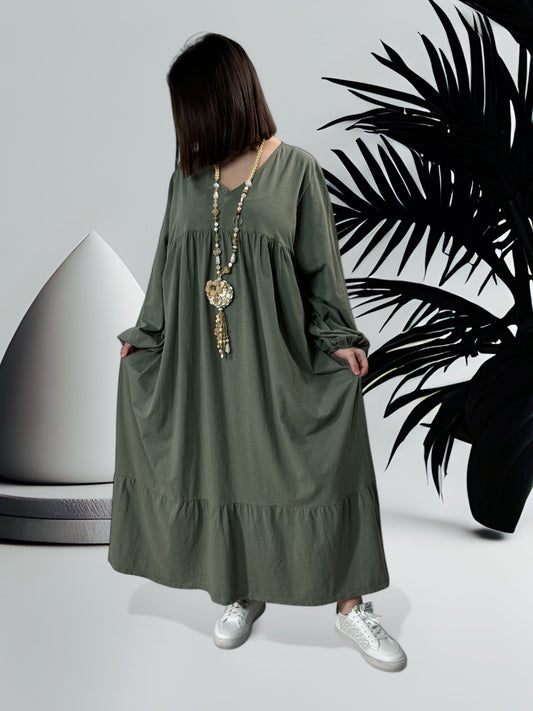 TIPHAINE - ROBE  OVERSIZE KAKI EN COTON JUSQU'A LA TAILLE 56