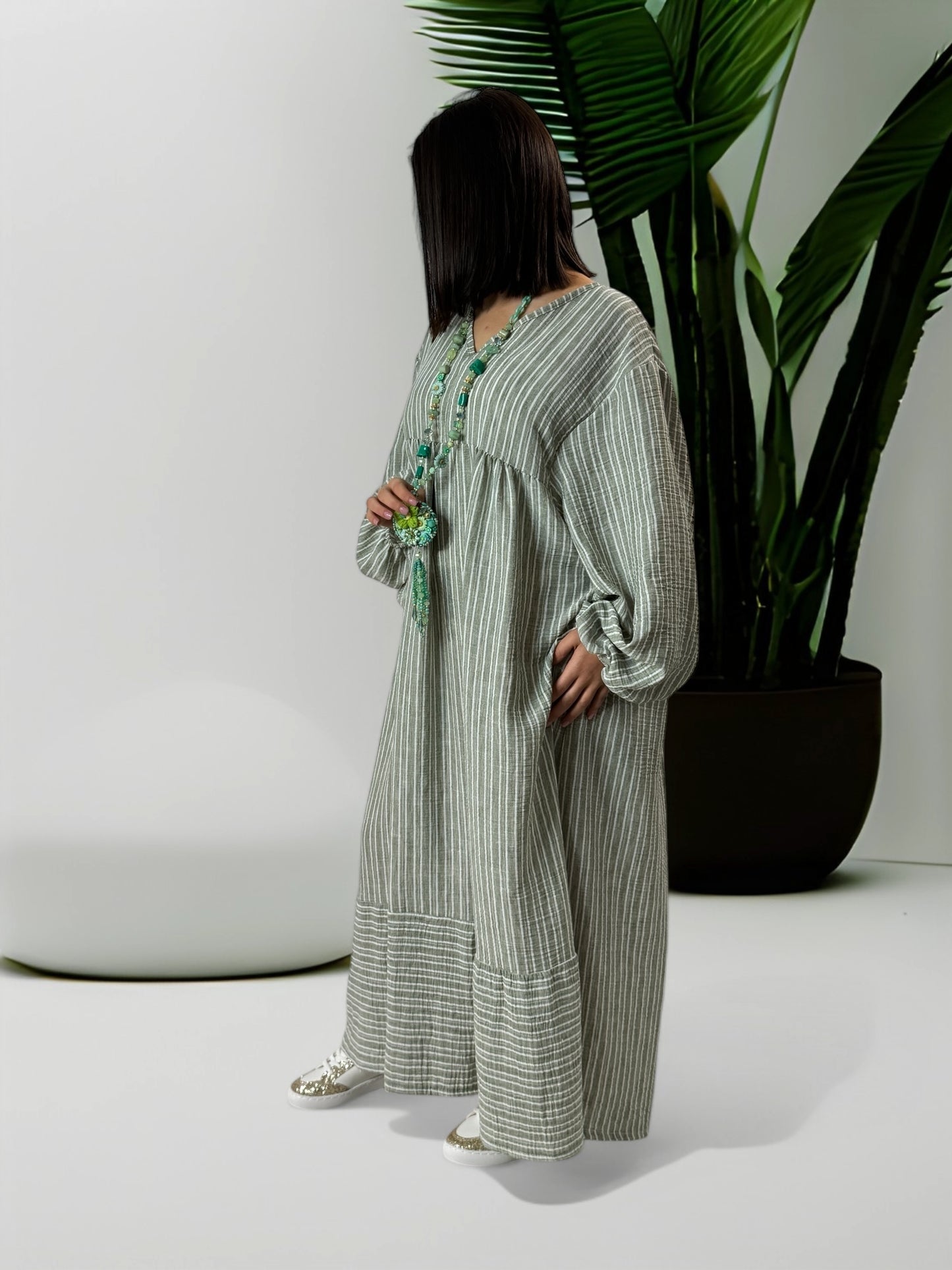 LILIBELLE - ROBE  OVERSIZE A RAYURE KAKI EN COTON ET LIN JUSQU'A LA TAILLE 56