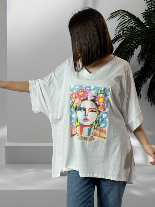 LUIZ - T-SHIRT FRIDA KAHLO BLANC EN COTON OVERSIZE JUSQU'A LA TAILLE 54